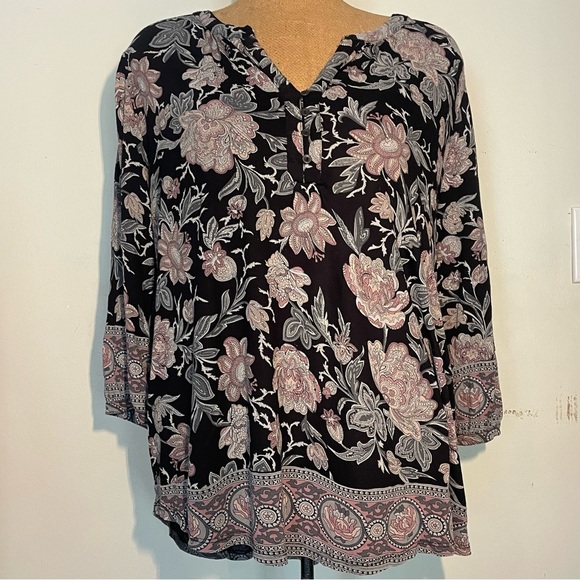 Lucky Brand Floral Paisley Black & Pink Women's top Boho size 1X 100% viscose - Picture 2 of 10